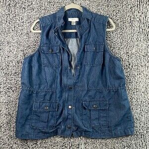 Cj Banks Plus X Chambray Chore Vest Pockets Zip Snap Blue Linen Blend Utility